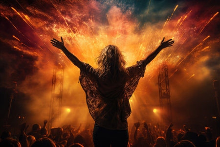 Woman at music festival arms raised, embracing the fiery explosion of fireworks and energy. Generative AIの素材