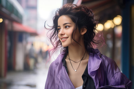 Pretty asian young woman smiling walking through city streets hair blowing in the wind. Generative AIの素材