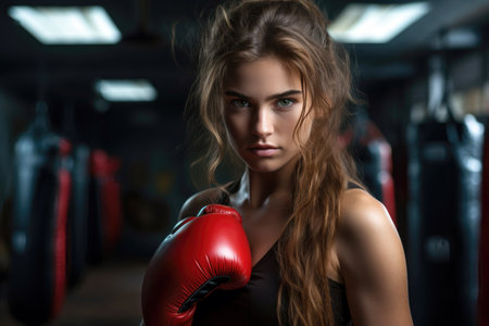 Female boxer with red gloves staring intently in a gym setting. Generative AIの素材