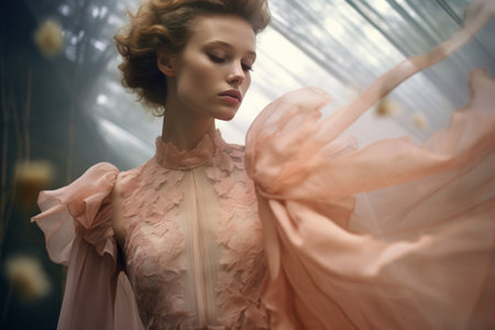 Elegant woman in a peach vintage dress posing in forest mysterious setting.. Generative AIの素材