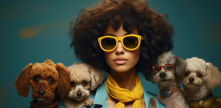 Chic woman in retro fashion with stylish dogs wearing glasses against blue background. Generative AIの素材