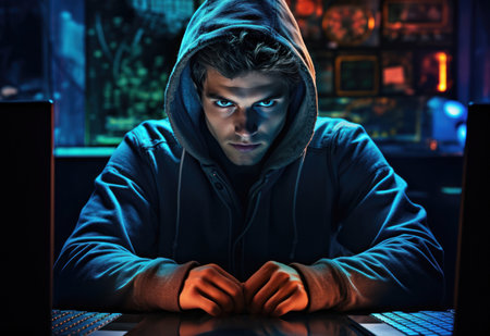 male hacker intensely focused on a laptop in dark, digital, and cyber-themed setting. Generative AIの素材