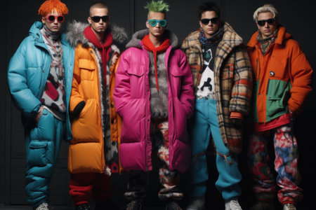 Fashionable group of men in vibrant winter clothing, posing with attitude against a dark background. Generative AIの素材