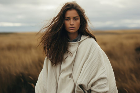 Natural beautiful woman stands with wind-swept hair in the vast openness of golden field. Generative AIの素材