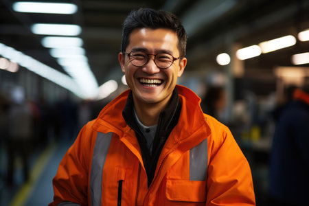 Asian man in bright orange work jacket with warm smile in industrial setting. Generative AIの素材
