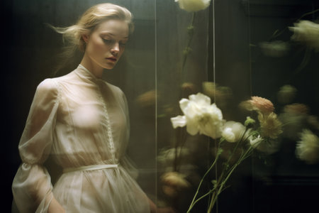 Pretty woman in flowing white dress. Fashion concept. Generative AIの素材