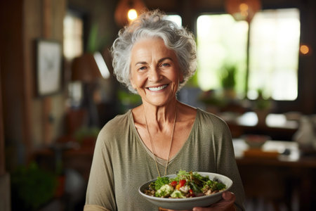 Smiling mature woman proudly presents a bowl of fresh vegetable salad in her cozy restaurant. Generative AIの素材
