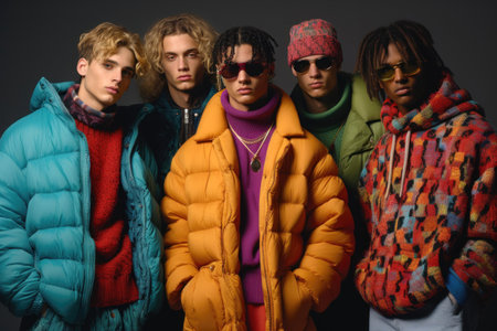 Group of young men wearing colorful winter jackets and accessories. Showcasing street style.. Generative AIの素材