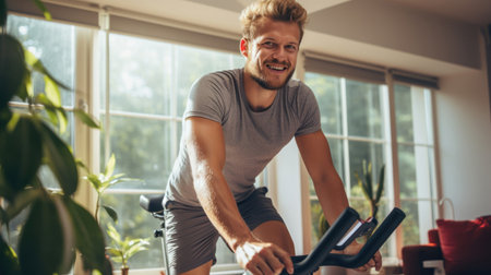 Smiling young man energetically exercising on indoor cycling bike. Generative AIの素材