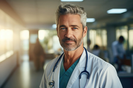 mature male doctor smiling stands in hospital corridor. Generative AIの素材
