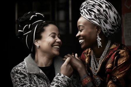 Two African women with headwraps laughing and enjoying a heartfelt moment together. Generative AIの素材
