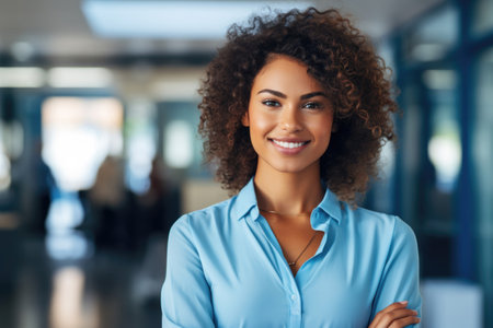 confident and smiling businesswoman in a blue shirt with arms crossed in office. Generative AIの素材