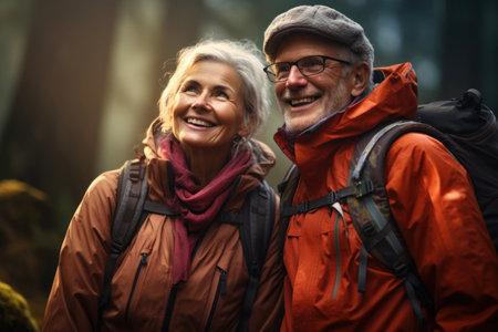 Elderly couple hiking together in the forest. Joyful and active in nature. Generative AIの素材
