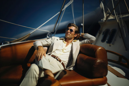 Man in casual suit lounges on yacht's leather seat. Luxury and relaxation concept. Generative AIの素材