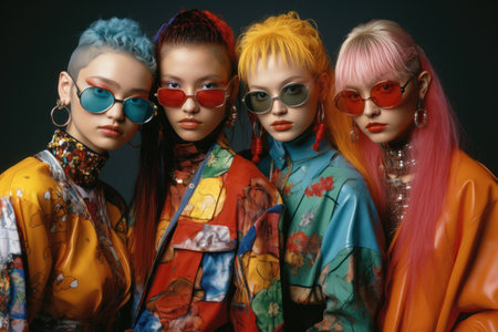 Group of four fashion models wearing vibrant eclectic outfits with unique hairstyles and accessories.. Generative AIの素材