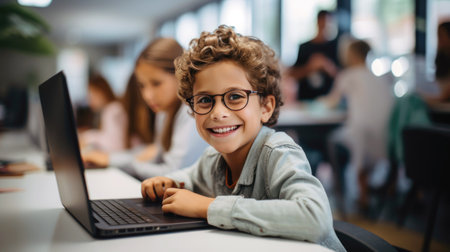 Smiling young boy with curly hair and glasses using laptop in classroom. Generative AIの素材