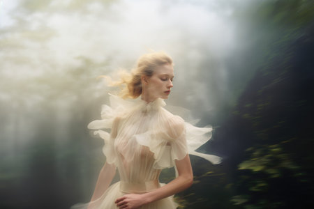 Serene woman in delicate flowing dress stands in a mistynforest. Generative AIの素材