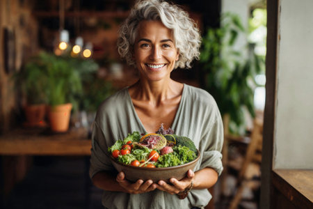 Smiling mature woman proudly presents a bowl of fresh vegetable salad in her cozy restaurant. Generative AIの素材