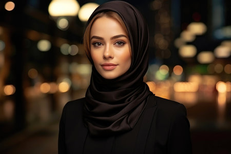 Beautiful Muslim businesswoman in a hijab with city lights backdrop.. Generative AIの素材