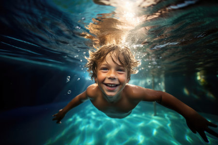 Joyful young boy smiles swims underwater in sunlit pool. Generative AIの素材