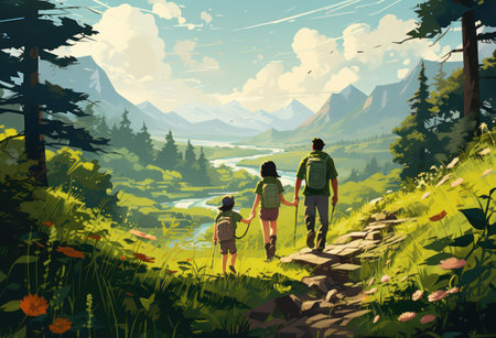 Family enjoys bonding hike along verdant forest trail with scenic mountain views. Generative AIの素材
