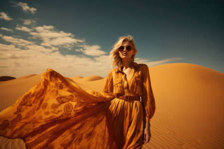 Stylish young woman in flowing dress in desert dunes. Generative AIの素材