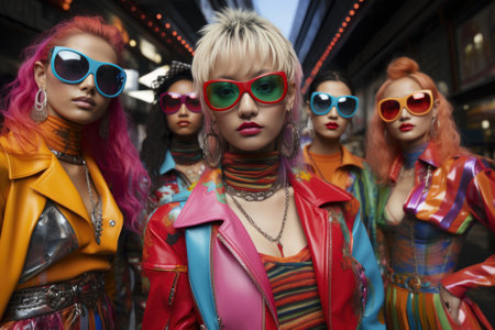 Fashion models in a street setting exude confidence in trendy eclectic urban wear and bold sunglasses. Generative AIの素材