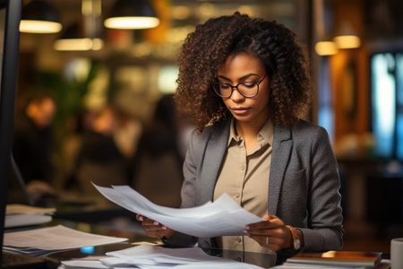 Young African American businesswoman analyzing paperwork at her desk in office. Generative AIの素材