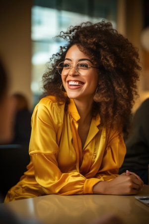 Pretty young black woman with curly hair smiling in a bright yellow outfit at casual office. Generative AIの素材