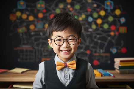 Happy young Asian boy with glasses smiling in classroom with colorful educational background. Generative AIの素材