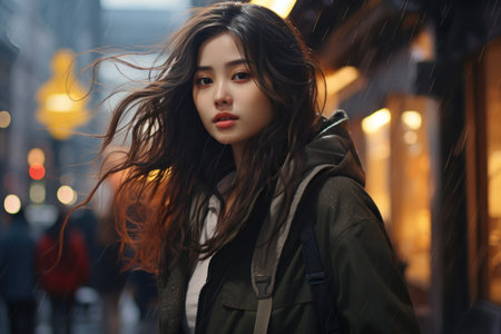 young and beautiful Asian woman with windswept hair walking on city street. Generative AIの素材