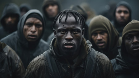 Group portrait of African men with anxious expressions, standing in the rain. Generative AIの素材