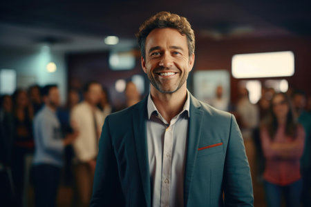 charismatic smiling business leader at a networking event with colleagues in the background. Generative AIの素材