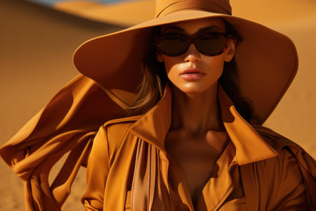 Fashion model in stylish brown outfit and hat posing in the desert. Generative AIの素材
