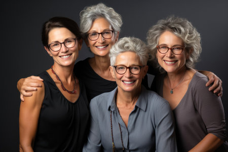 Group portrait of elegant mature women with stylish glasses and smiles on a gray background. Generative AIの素材