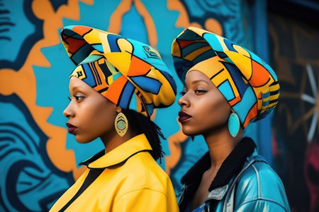Two african women in colorful headwraps and bright outfit posing against graffiti wall. Street fashion. Generative AIの素材