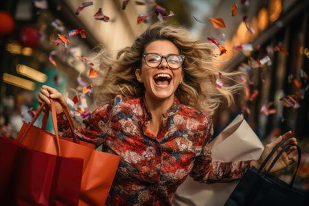 Joyful happy woman with curly hair holding shopping bags. Generative AIの素材