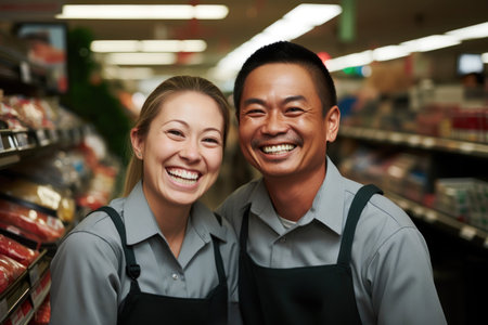 Two grocery store workers in uniforms laughing together in store. Generative AIの素材