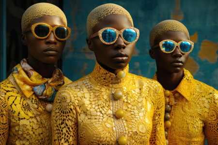 Three fashion models wearing matching yellow outfits and sunglasses against a blue textured wall.. Generative AIの素材