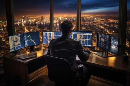 Male trader in silhouette overlooks night cityscape while analyzing data on multiple trading screens. Generative AIの素材