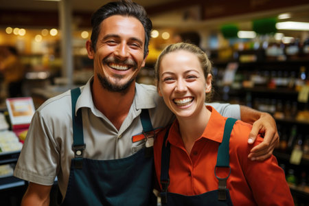 Two grocery store workers in uniforms laughing together in store. Generative AIの素材