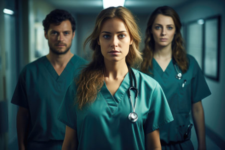 determined young nurse leads her team in the hospital hallway, exuding confidence and professionalism. Generative AIの素材