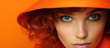 Close-up of a woman with vibrant red hair and striking green eyes on an orange background with copy space. Generative AIの素材