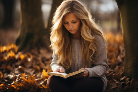 Young woman reading a book surrounded by autumn leaves. Generative AIの素材