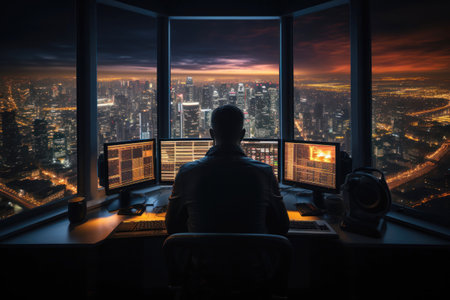 Male trader in silhouette overlooks night cityscape while analyzing data on multiple trading screens. Generative AIの素材