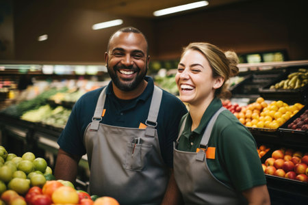 Joyful produce workers smiling among fresh fruits and vegetables. Generative AIの素材