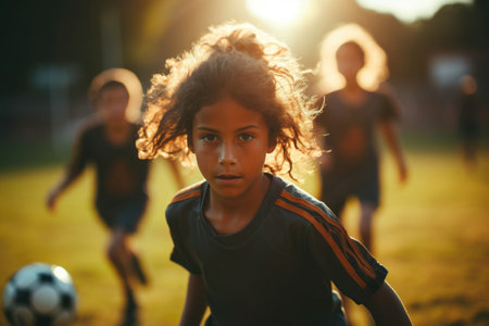 Young soccer player running during sunset on the field. Generative AIの素材