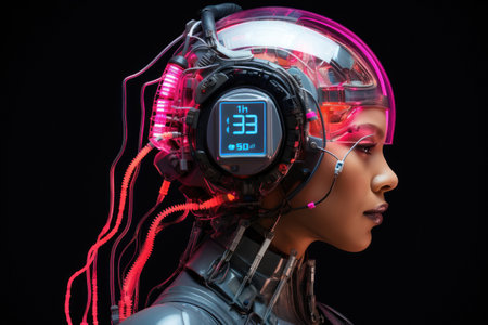 Futuristic cyborg woman profile with complex network of wires. Generative AIの素材