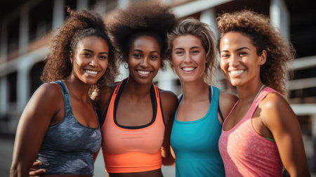 Four joyful female friends in colorful fitness attire posing outdoors. Generative AIの素材