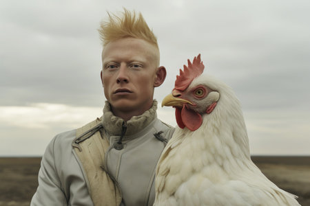 Surreal portrait of albino man and a white rooster. Astral twins concept. Generative AIの素材